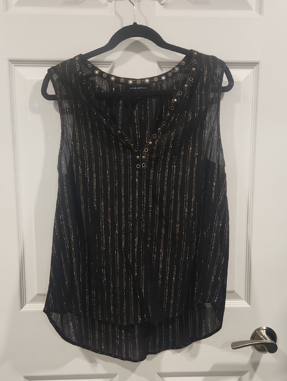 Rock & Republic Black Metallic-Striped Grommet V-Neck Camisole